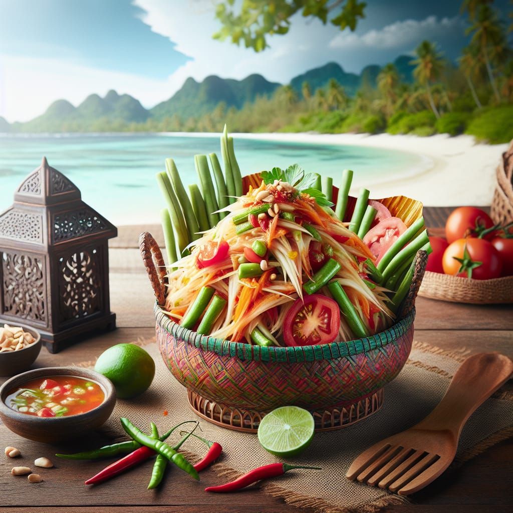 Vibrant Thai Papaya Salad (Somtum) Beach Scene