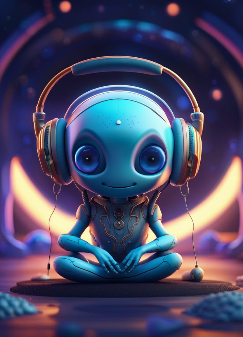 Cute Robot Alien Doing Yoga on Saturn
