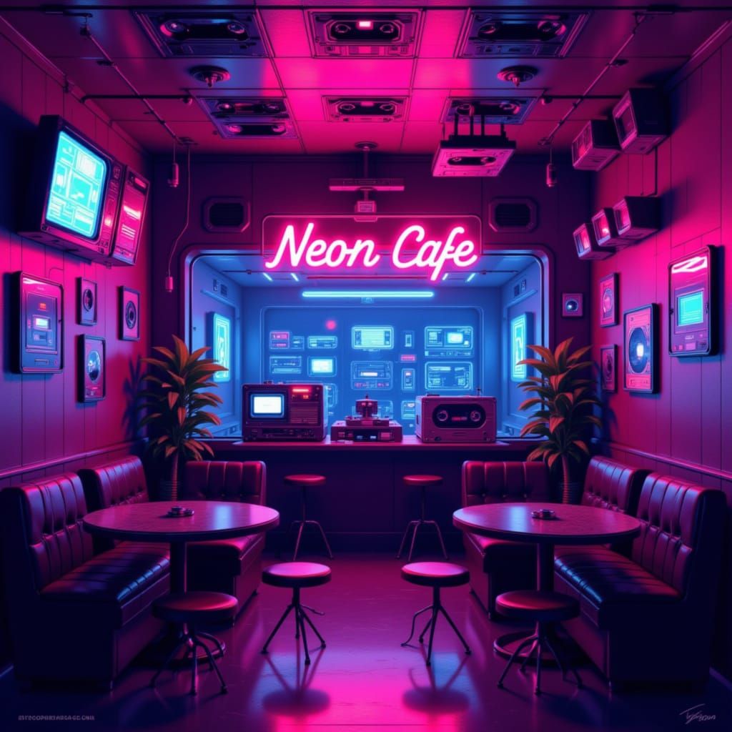 Neon Cafe Interior with Retro Cassette Decor