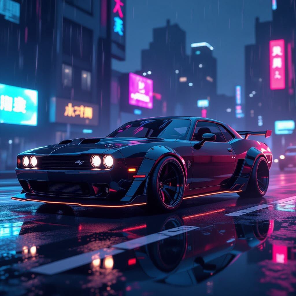 Futuristic Muscle Car in Cyberpunk Cityscape