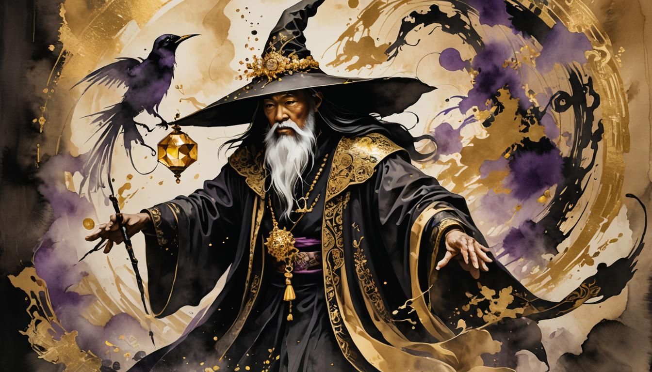 Magician with Crystal in Chinese Ink Style