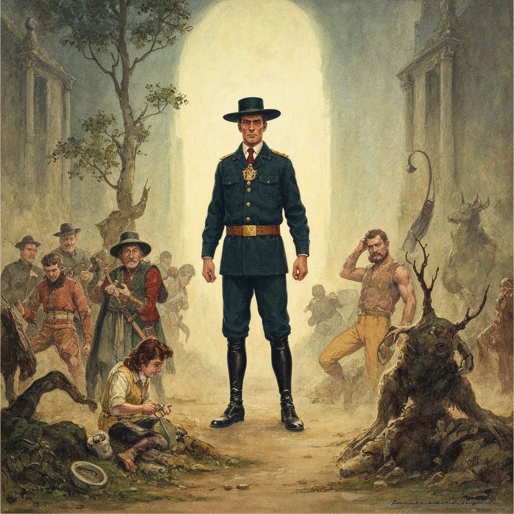 Armored Warrior Stands Amidst Ancient Ruins