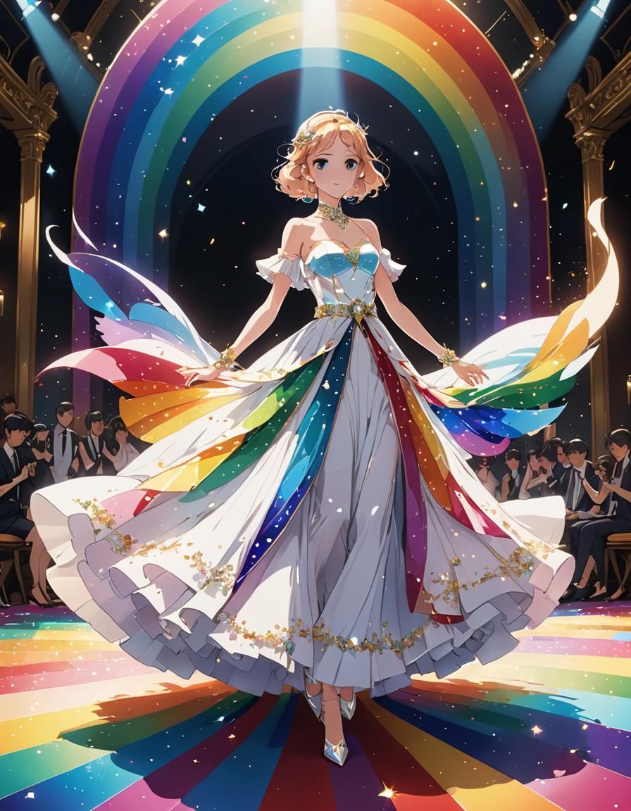 Rainbow Ballroom Dress with Angelic Gems, Cel-Shaded Anime