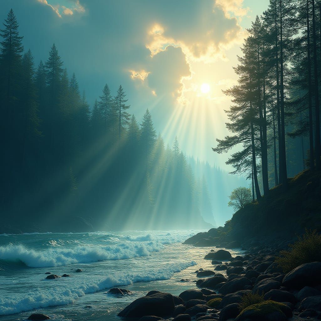 Sunlit Pine Forest Meets Ocean, Fantasy Concept Art