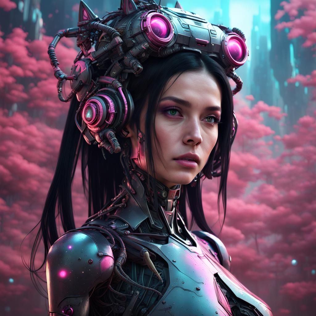 Cybernetic Robot Girl Rising From Swamp in Space