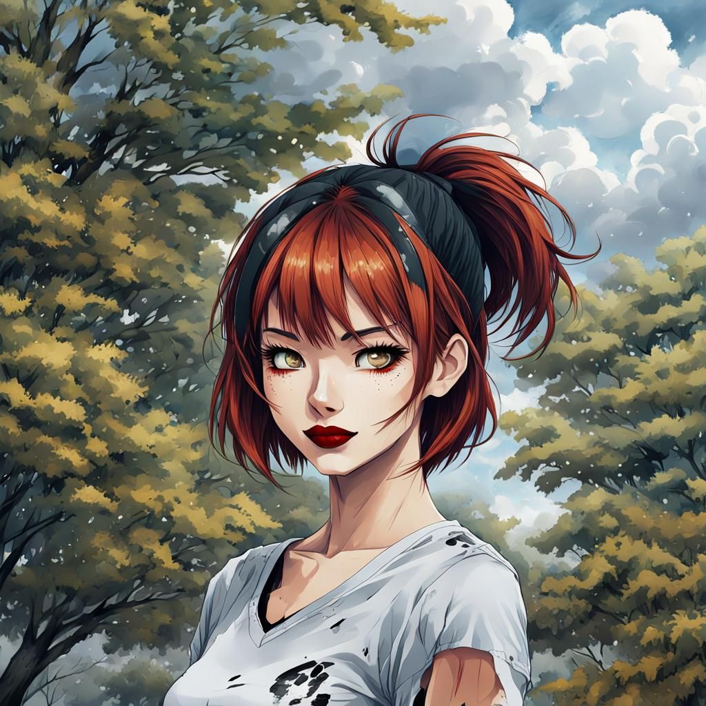 Anime Art Portrait: Red Hair, Bangs, Cloudy Sky