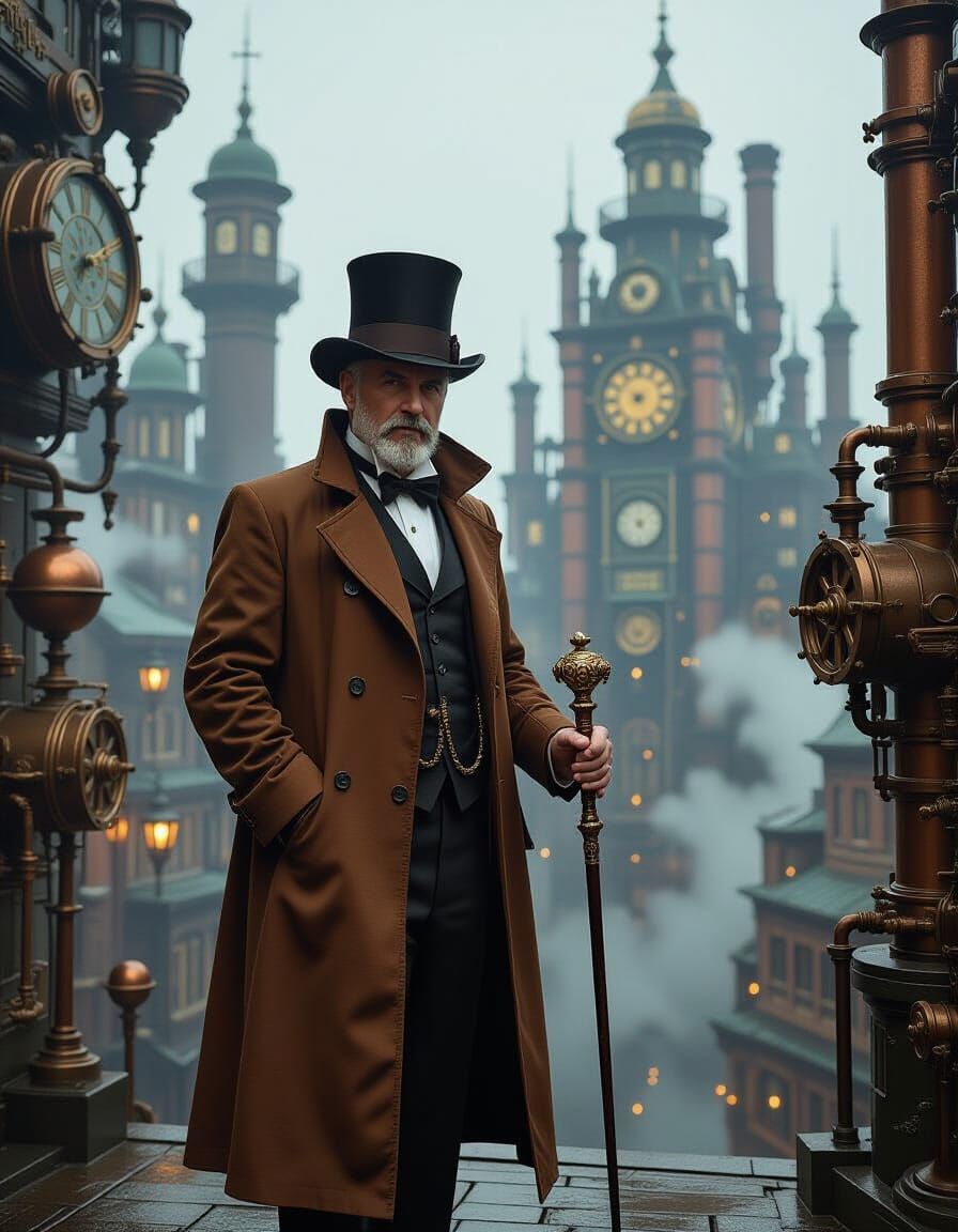 Steampunk Man in Cityscape with Clockwork Machinery