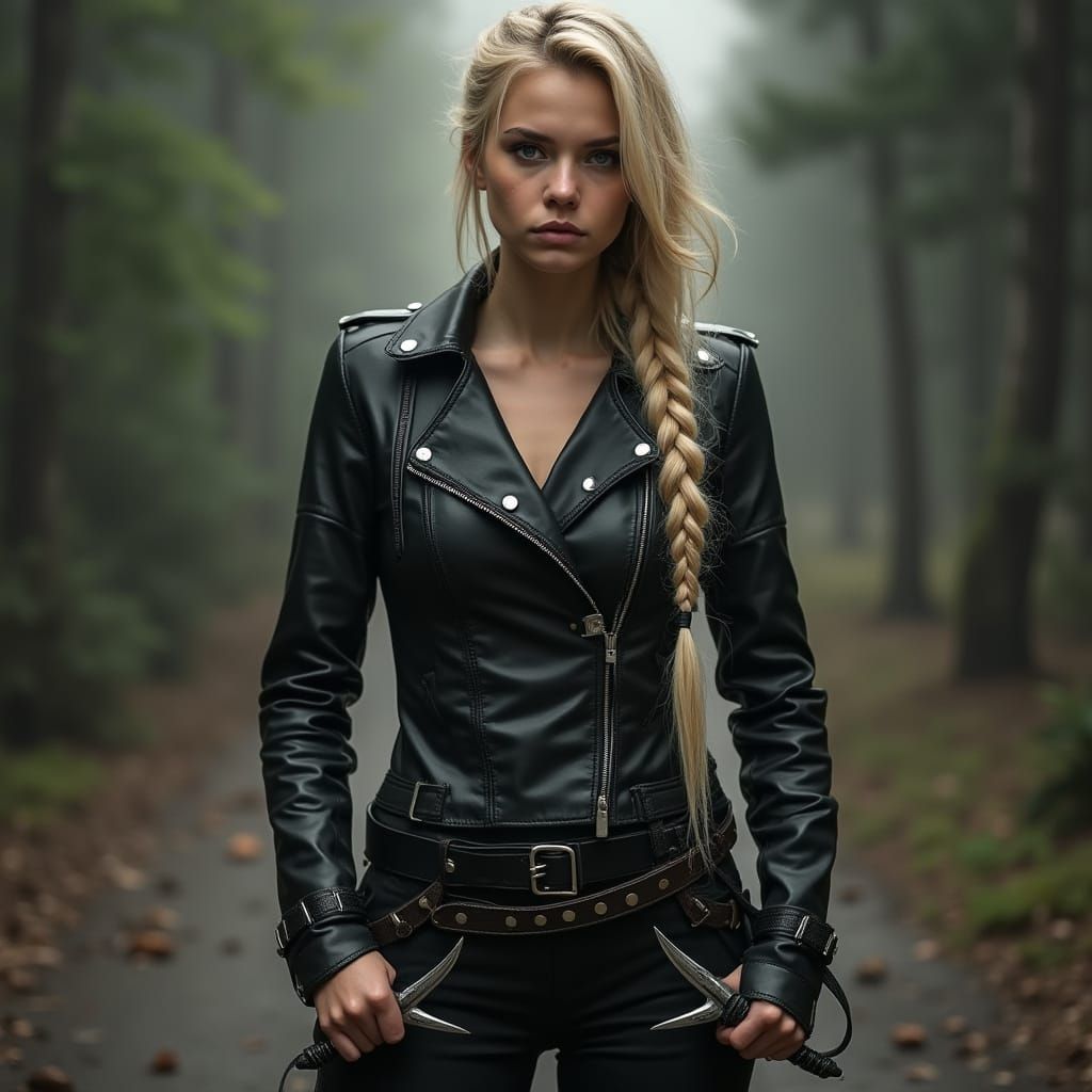 Cyberpunk Woman with Daggers in Dark Realism Style