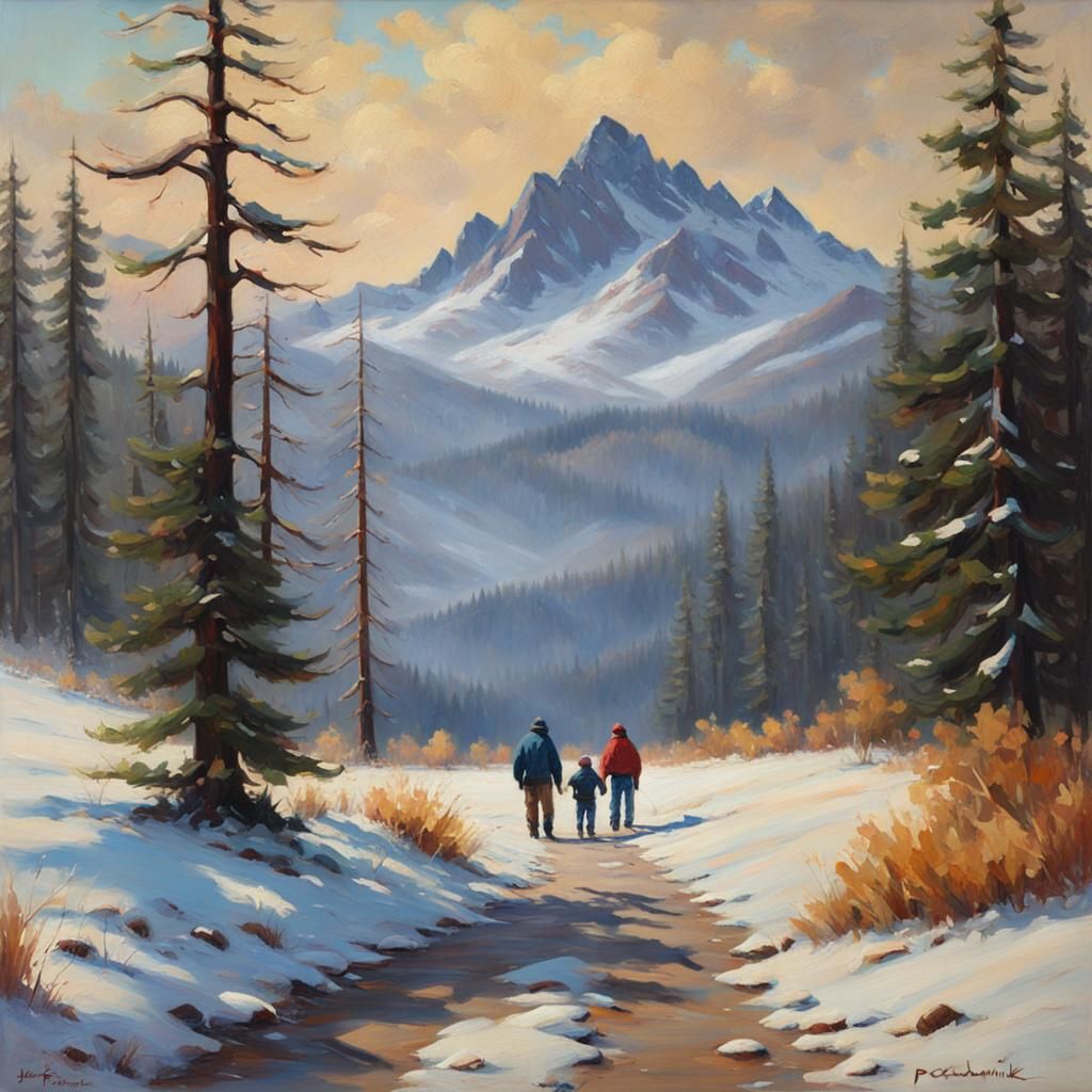 Winter Landscape with Father and Son, Impressionistic Oil Pa...