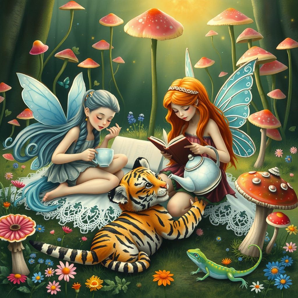 Whimsical Fairies and Pets in a Vibrant Fairy Garden