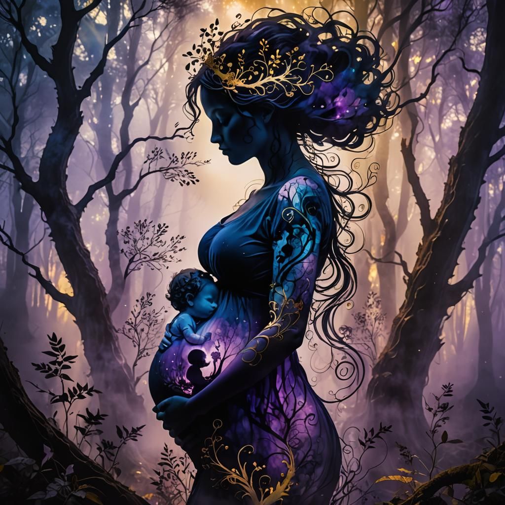 Pregnant Woman Silhouette with Baby: Fantasy Alcohol Ink Art