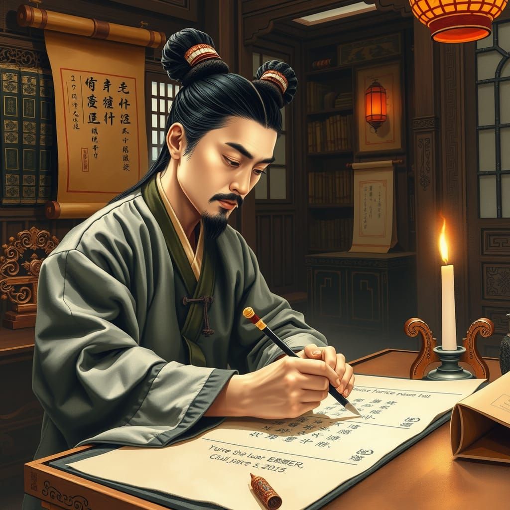 Scholar Inscribing Calligraphy in a Chinese Study