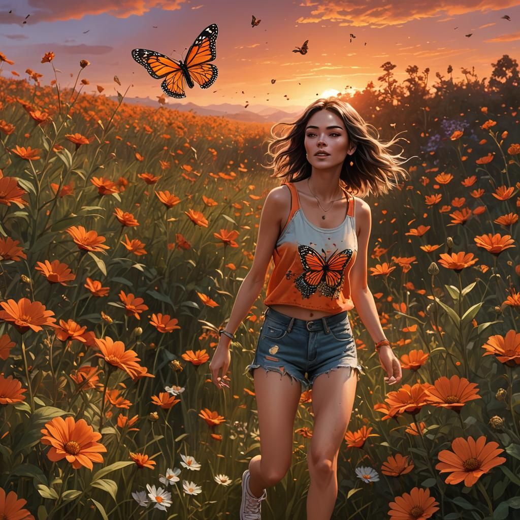 Joyful Dance Among Vibrant Orange Blooms in a Sunset Meadow