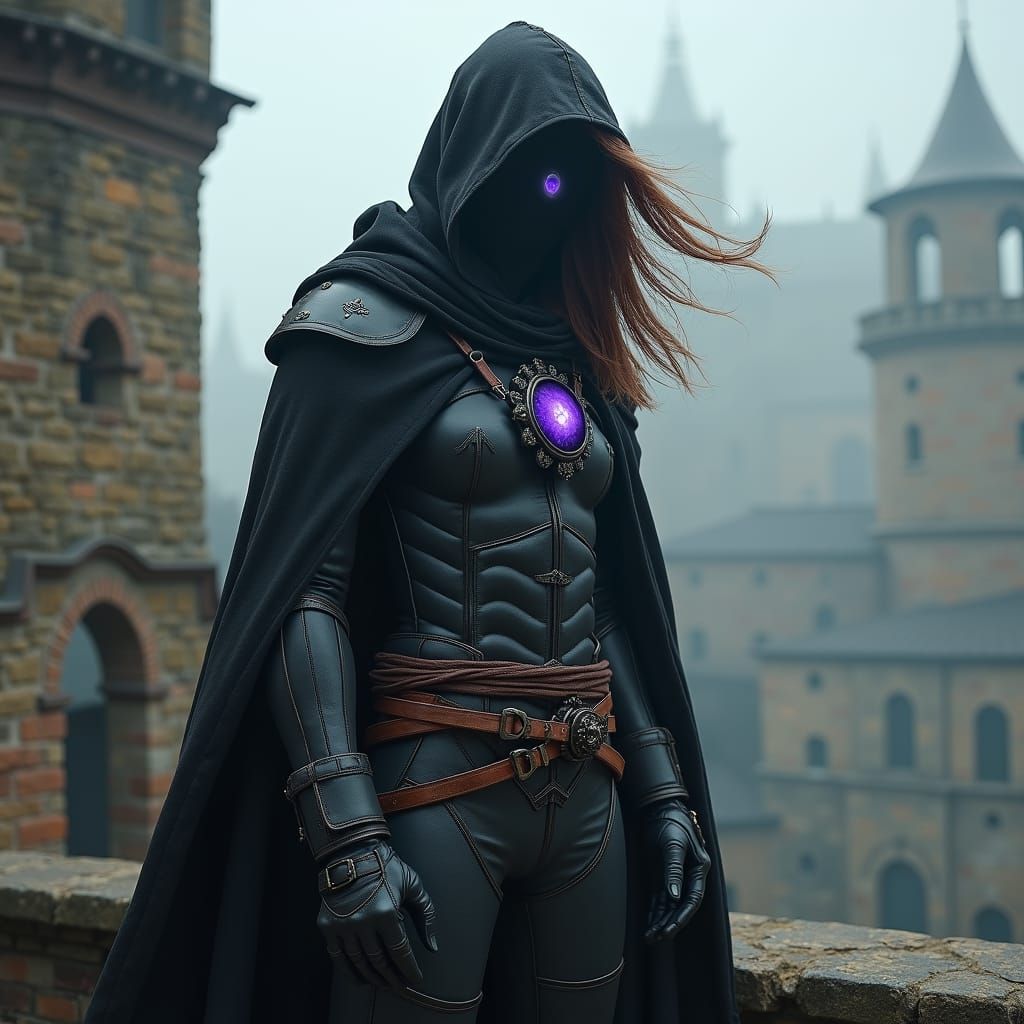 Armored Figure on Rooftop with Glowing Amulet