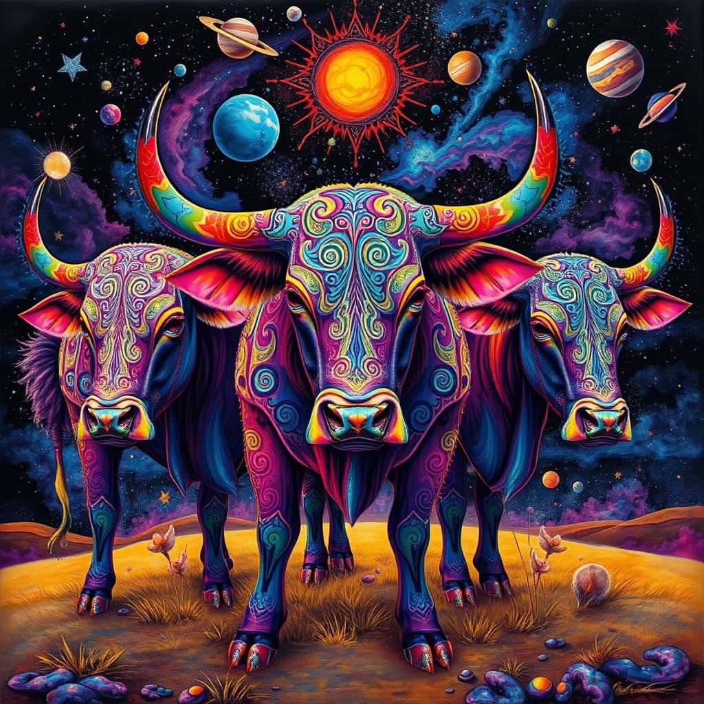 Celestial Bovines in Vibrant, Dreamlike Splendor