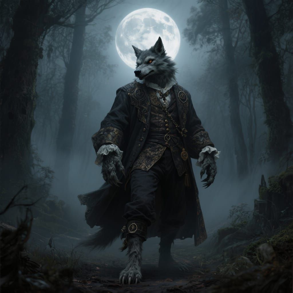 Werewolf Warlock in Moonlit Forest, in Dark Fantasy Style