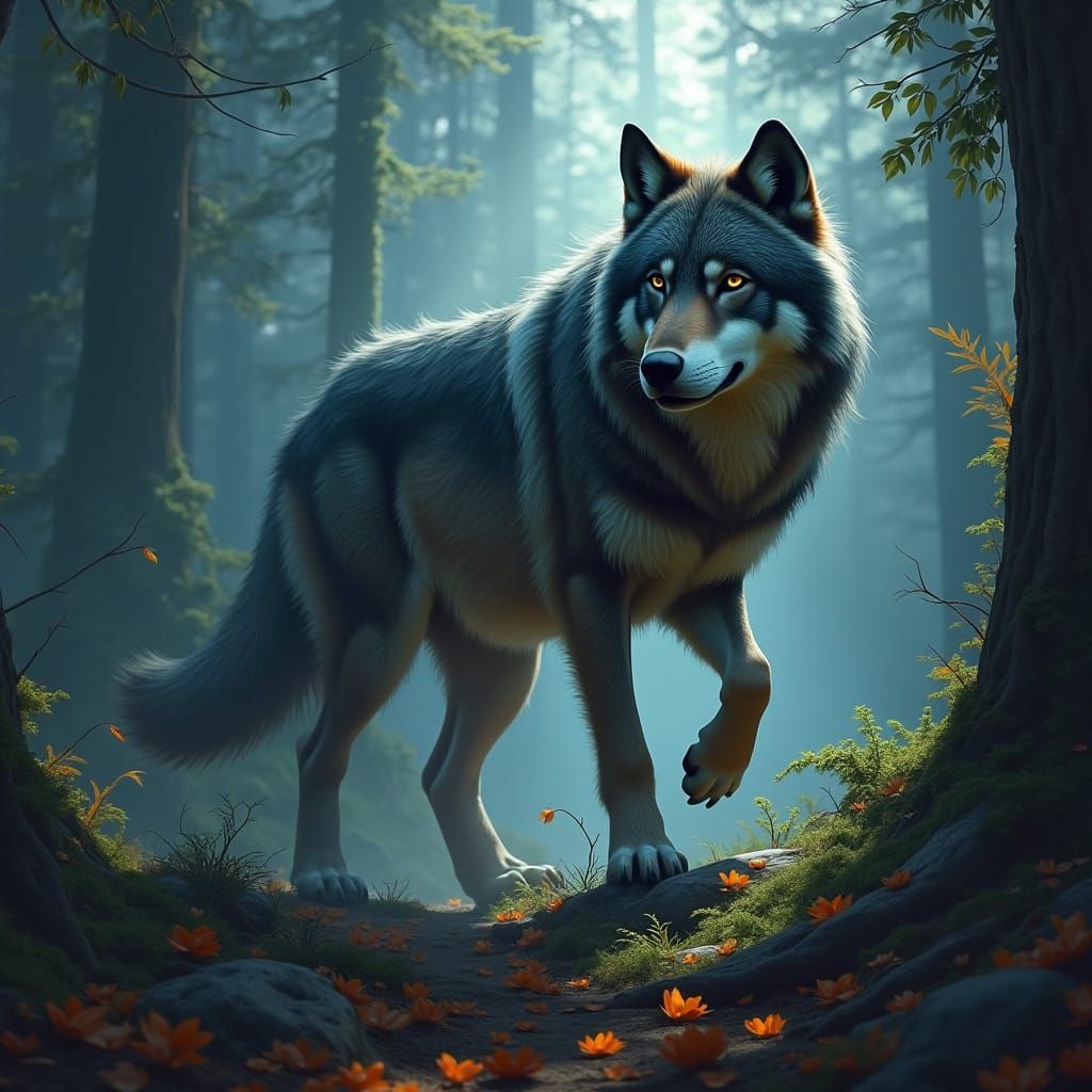 Epic Timber Wolf in Vibrant Fantasy Landscapes