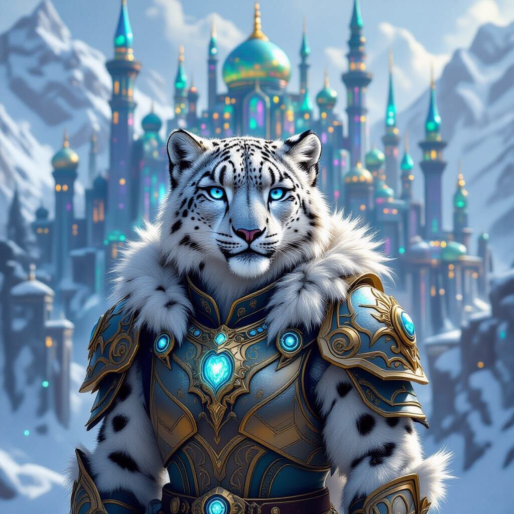 Armored Snow Leopard Cityscape: Digital Art