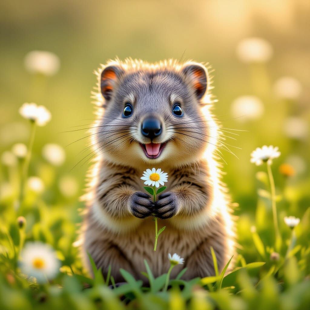 Joyful Quokka in Wildflower Meadow, Hyperrealistic Style
