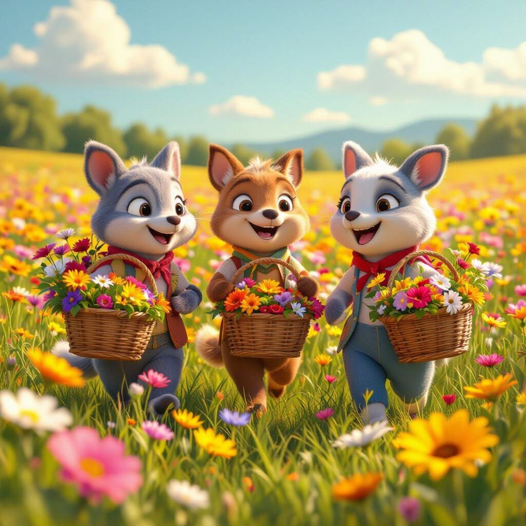 Animal Friends Frolic in Sunny Flower Field