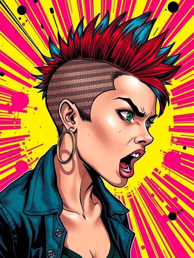 Punk Woman's Graphic Outburst in Pop Art Style