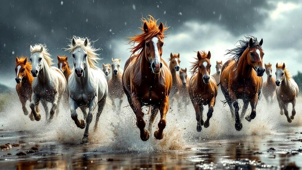 A hyper-realistic, detailed 4K oil painting of a diverse herd of horses...