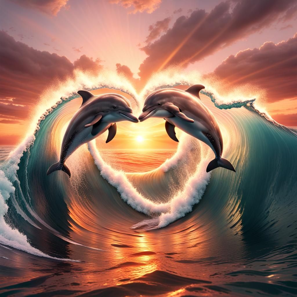 Dolphins Create Heart at Sunset: Digital Matte Painting