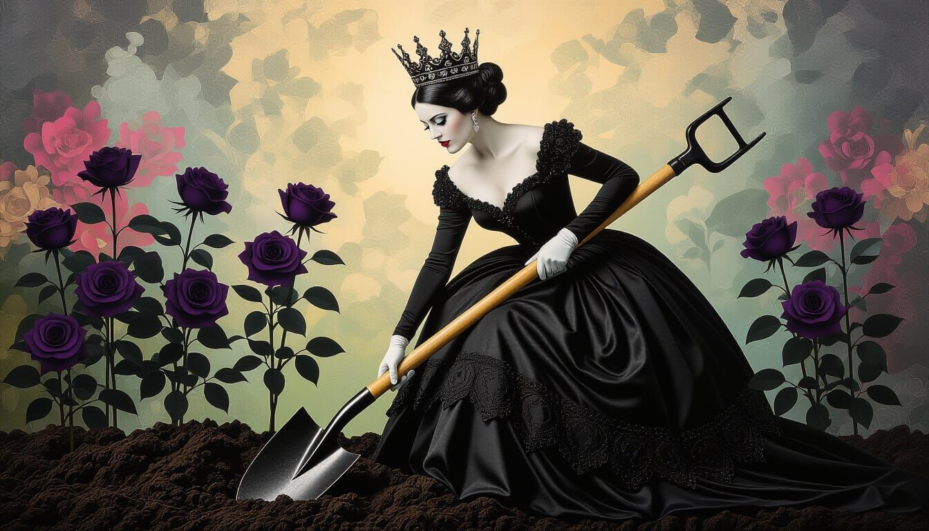 Gothic Queen Digs Black Roses in Luminous Garden