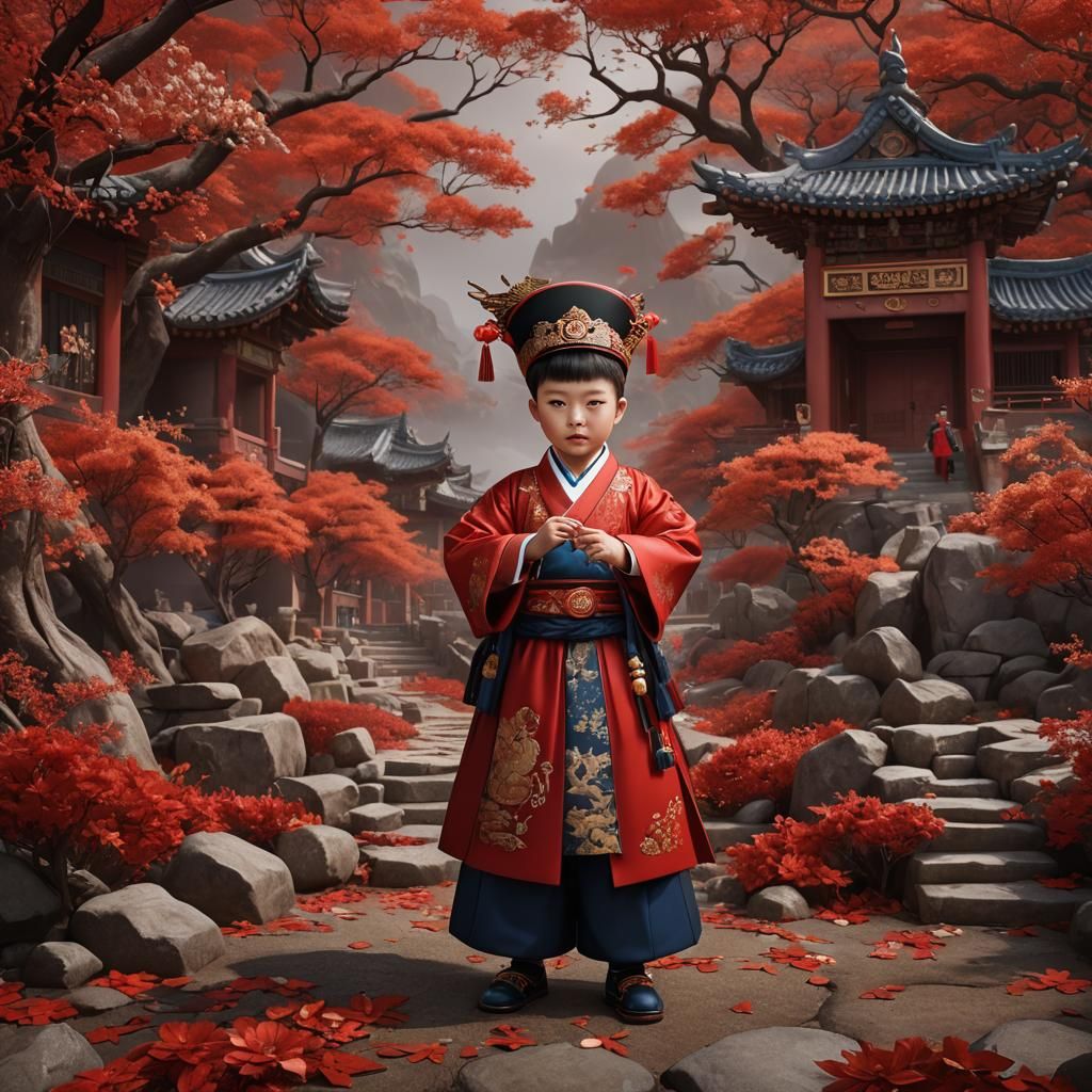 Baby Boy King in Red Hanbok: Detailed Matte Painting