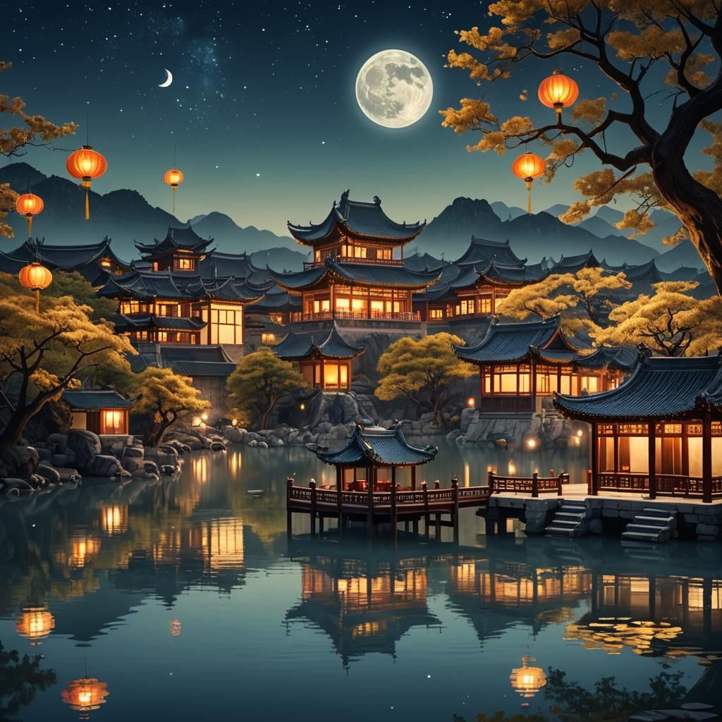 Serene Chinese Architecture Under Moonlight: Fantasy Art