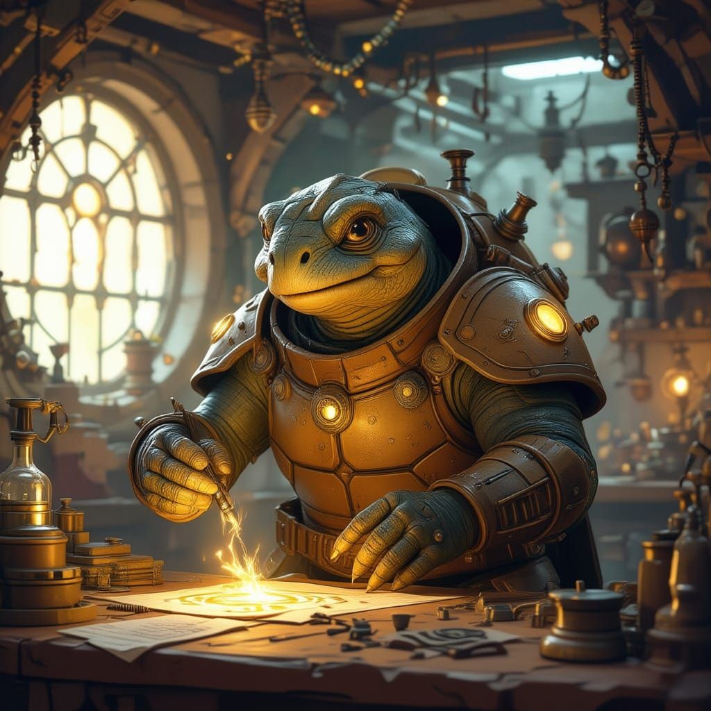 Tortle Artificer Tinkering with Arcane Gadgets