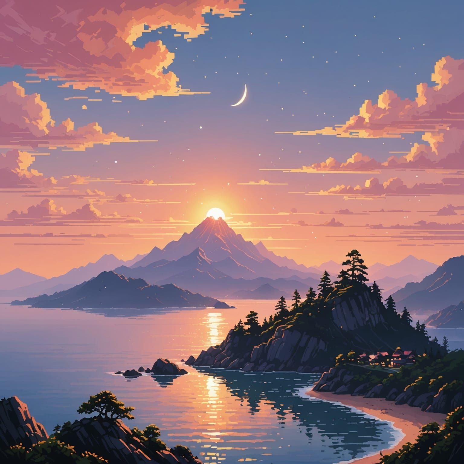 Pixel Art Sunrise on Majestic Mountain Peak