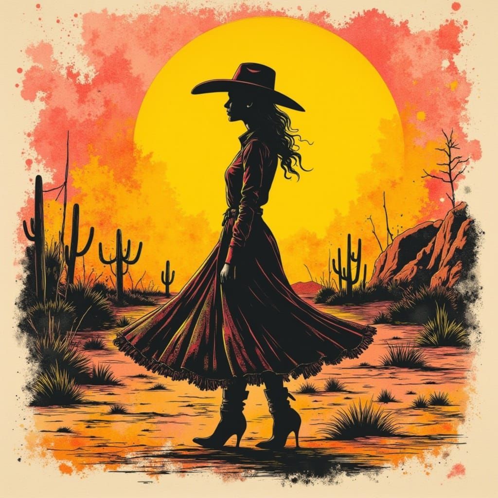 Woman in Cowboy Hat Walks Through Desert Under Radiant Sun