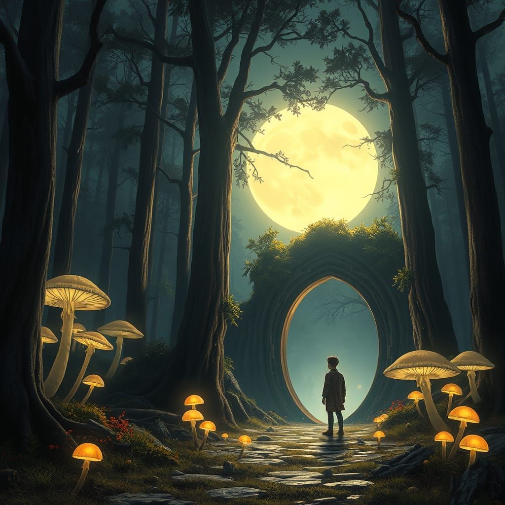 Steampunk Portal Shimmers in Moonlit Forest