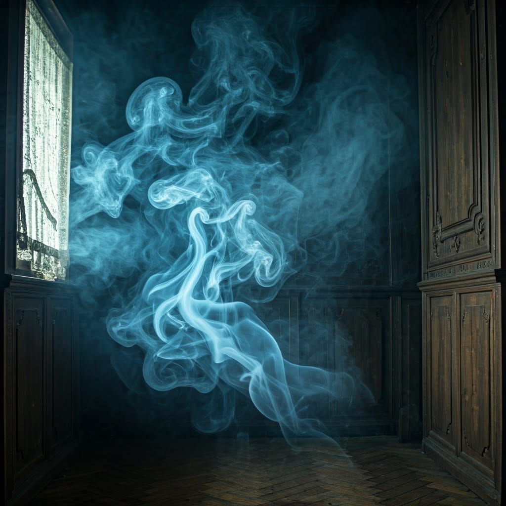 Ethereal Ghost Figure in Fog-Veiled Room