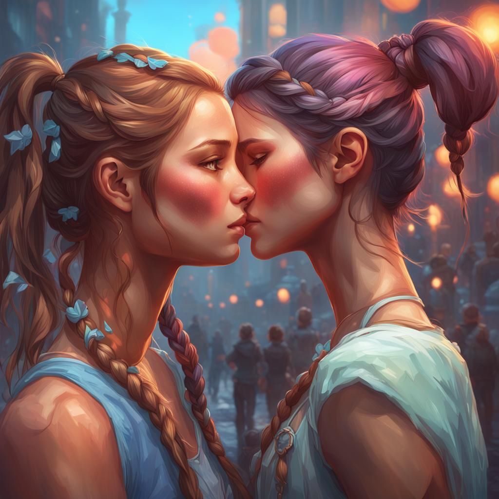 Two Girls Kissing Portrait in Artgerm Style