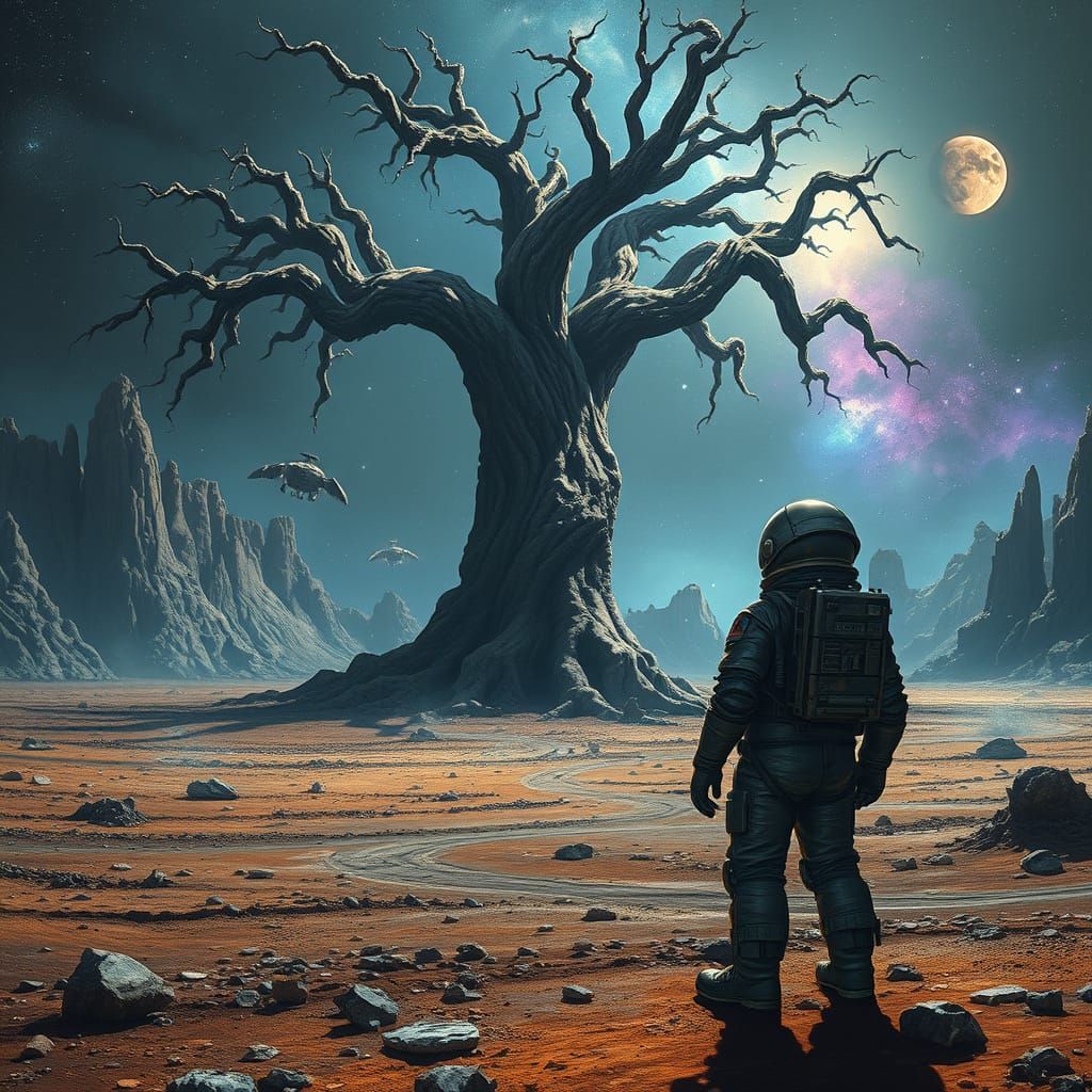 Astronaut and Ancient Tree on Alien Planet