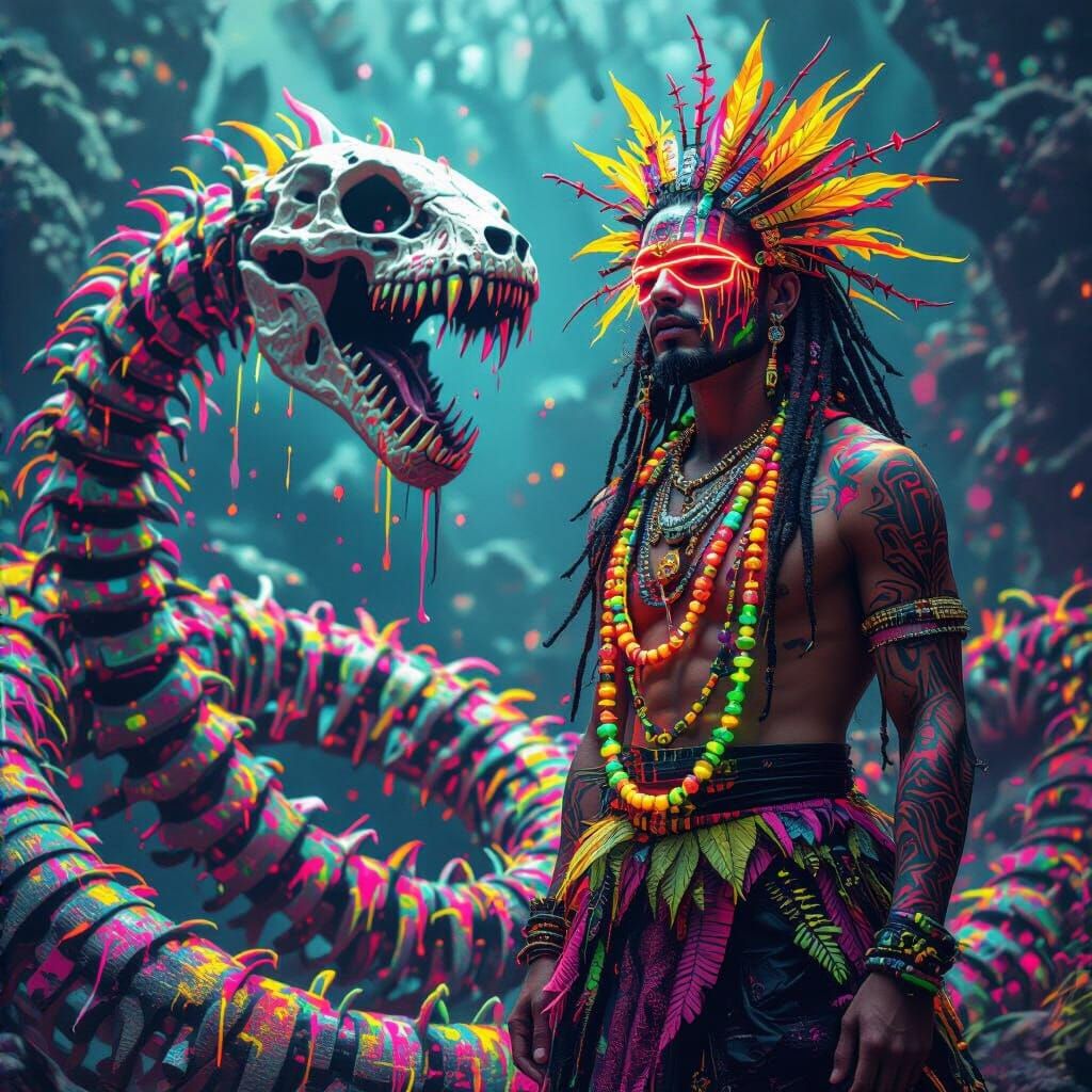 Psychedelic Raver Goddess & Impish Figure in Neon World