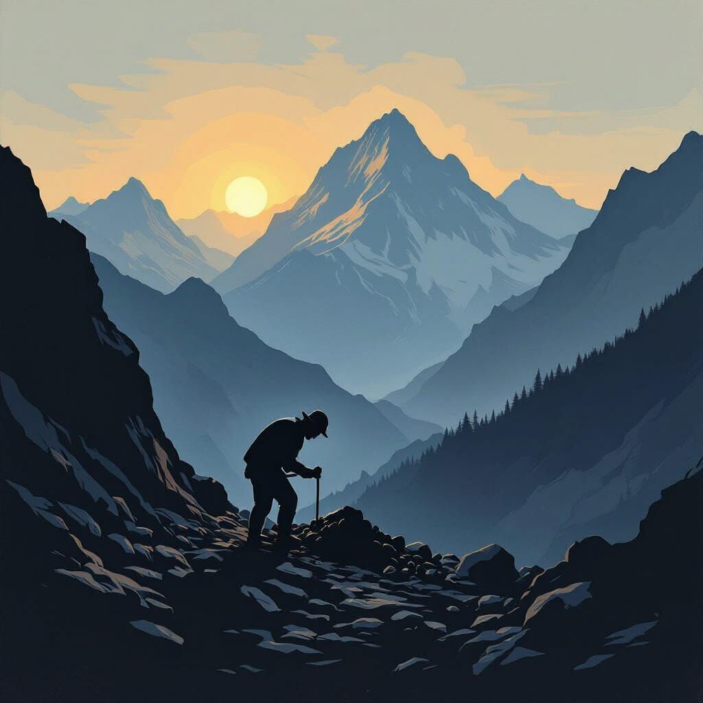 Man Mining Coal at Dawn in Mountain Silhouette