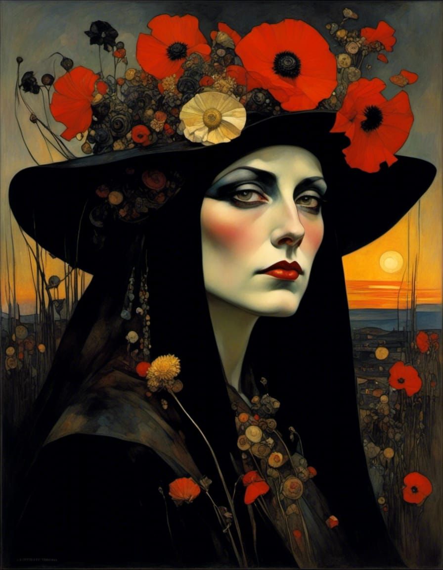 Witch Portrait with Wildflowers in Golden Age Style