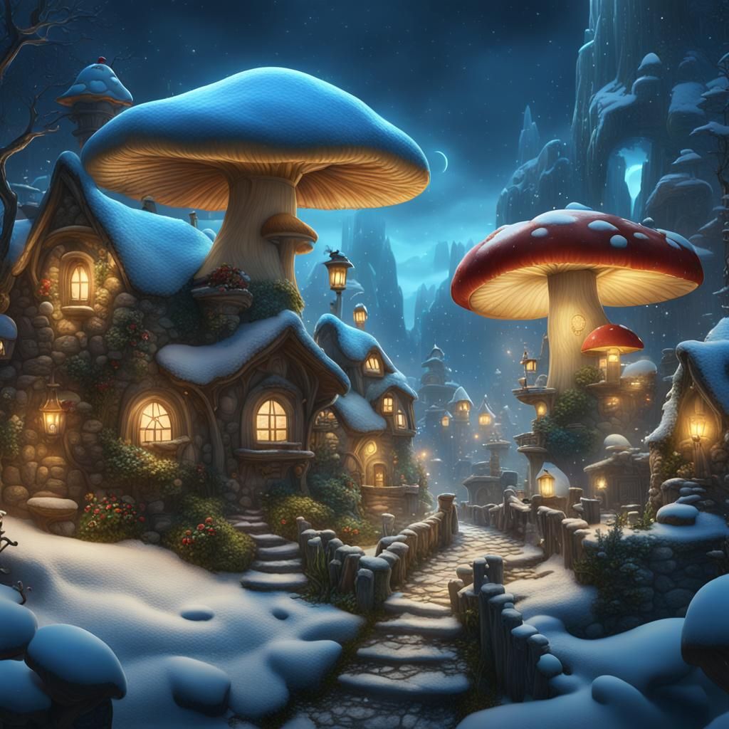 Mushroom Village in Snow Globe with Fairies