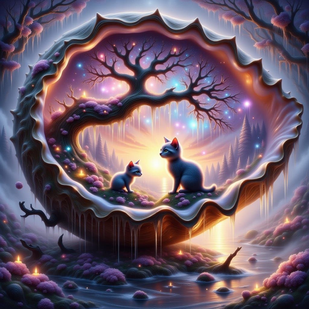 Whimsical Kittens in a Dreamy Glass Conch Shell