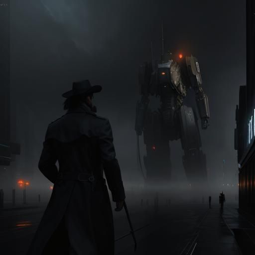 Noir Detective in Steampunk Sci-Fi Cityscape