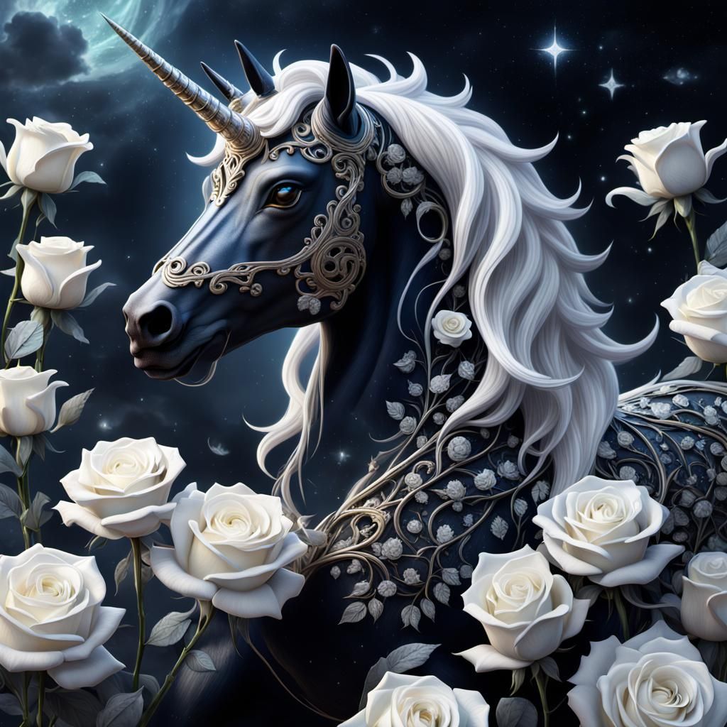 Obsidian Unicorn with (starlight filigree) white roses