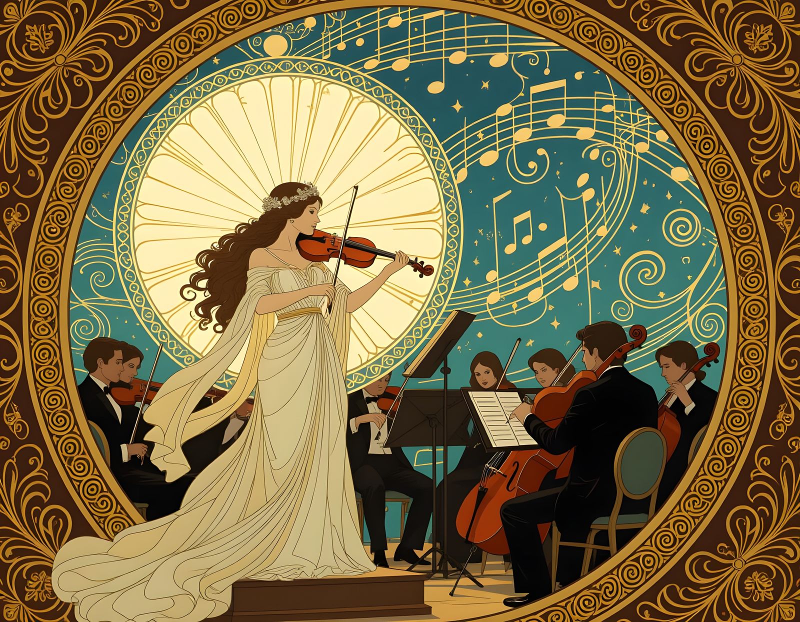 Goddess Conducts Orchestra in Art Nouveau Style