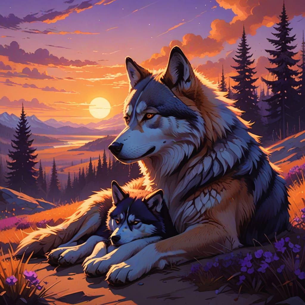 Sad Wolf and Husky Sleeping in Sunset