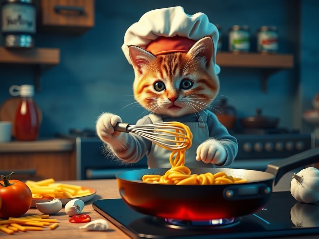 Chef Kitten Cooking Pasta in Realistic Kitchen