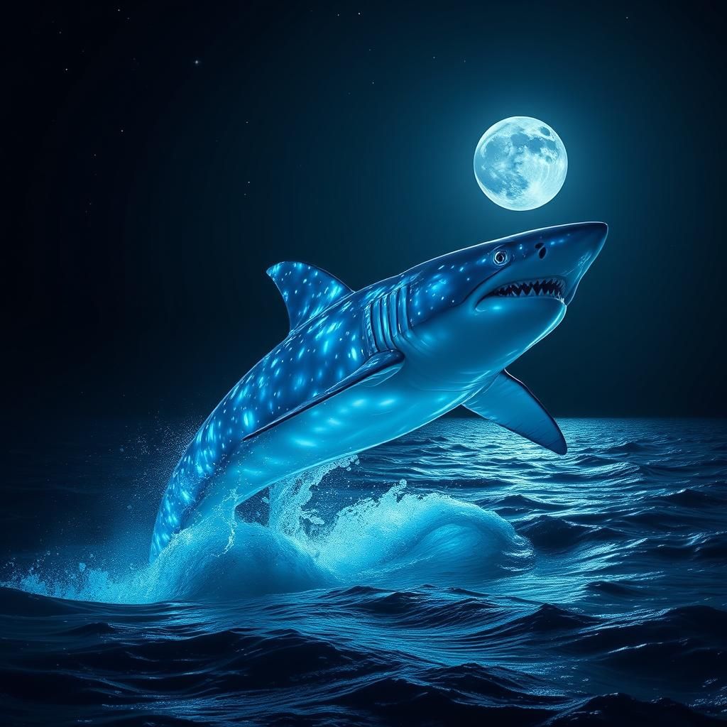 Iridescent Shark Breaching Under Moonlight: Hyperrealistic A...