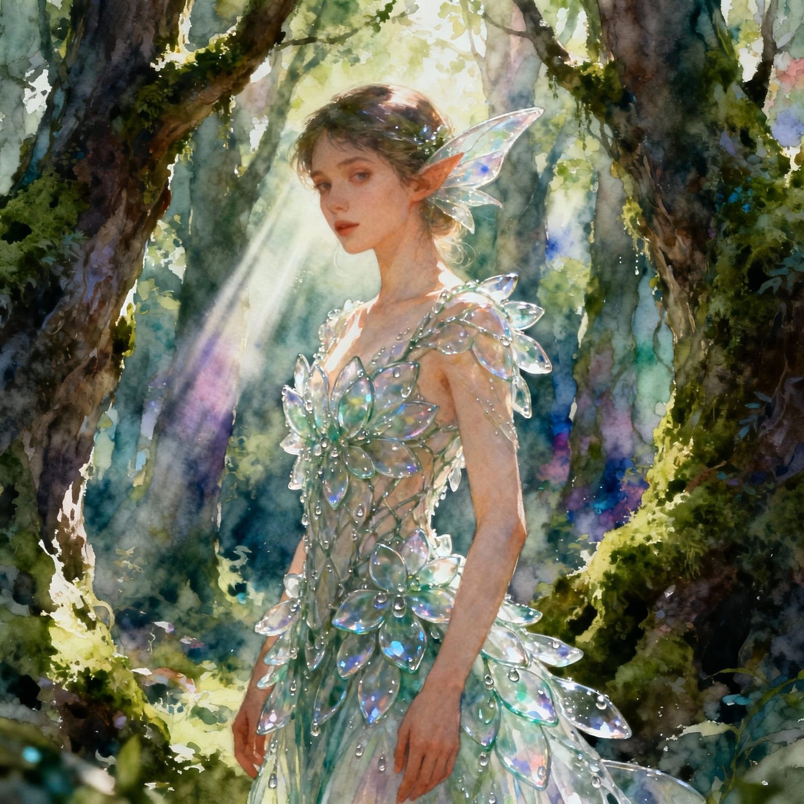 Ethereal Forest Fairy in Dew-Kissed Glass Petal Dress