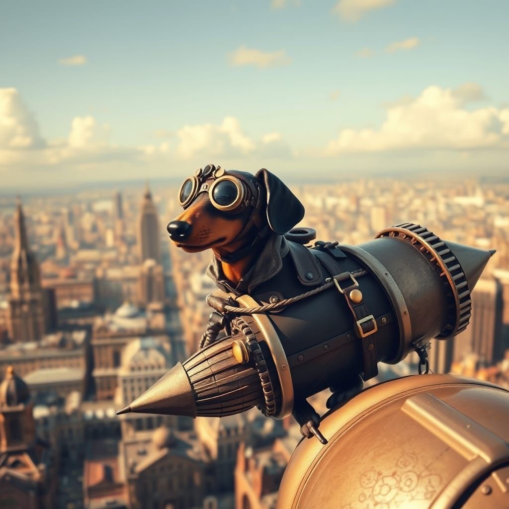 Steampunk Dachshund Soars Above Victorian City in Vintage Ze...